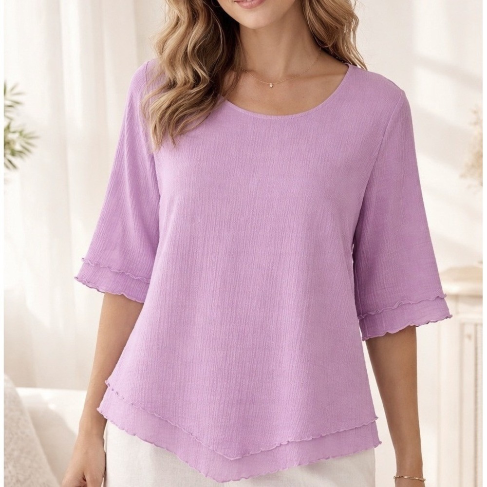 Soft Surroundings Womens Top Gauze PL Purple 3/4 Sleeve Tunic Cotton  READ